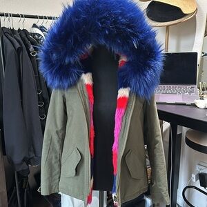 Belle Vere Military Faux Multicolored Fur Lining Hooded Parka in Olive Xs